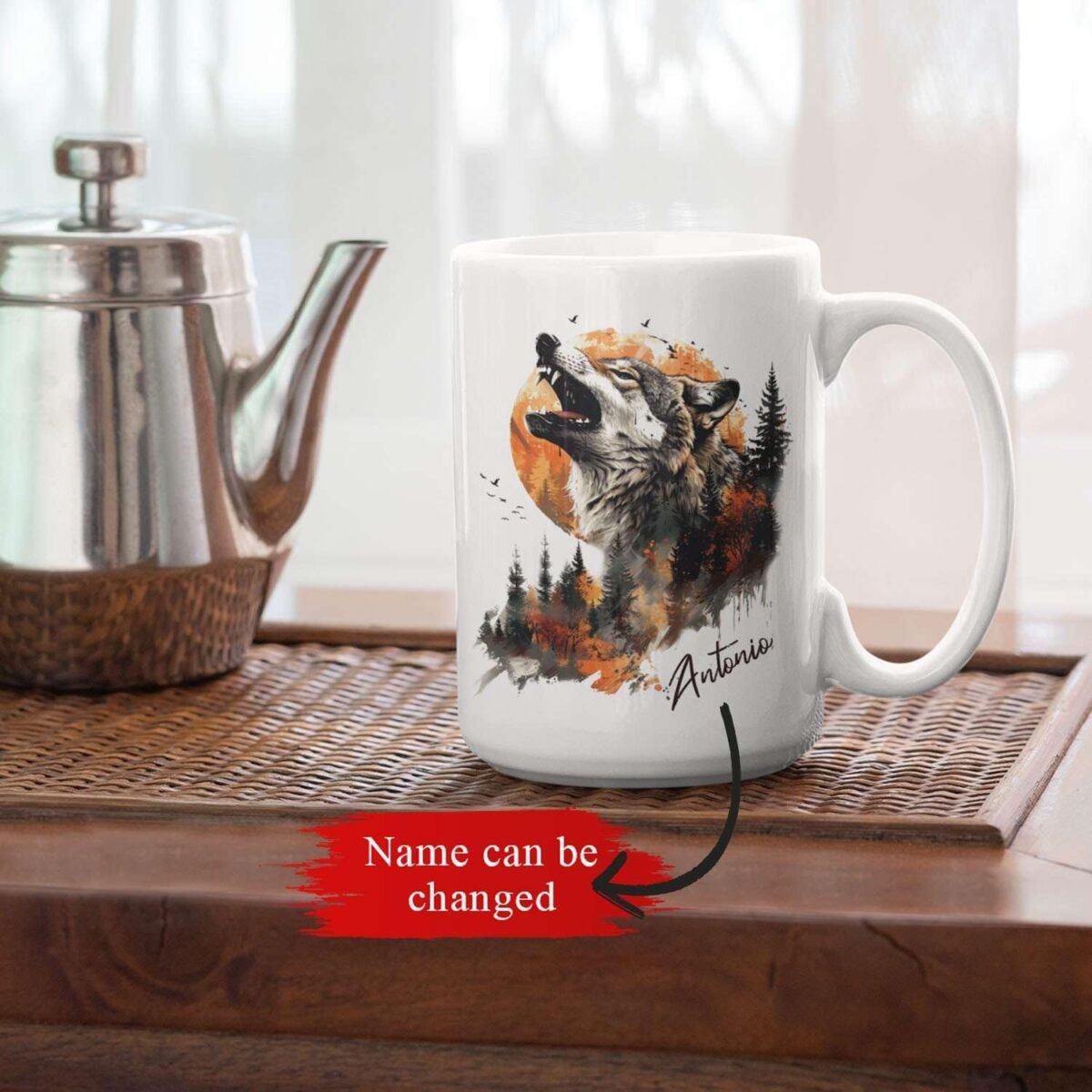 1729808676 Custom Name Tea Cup Personalized Wolf And Forest Sunse