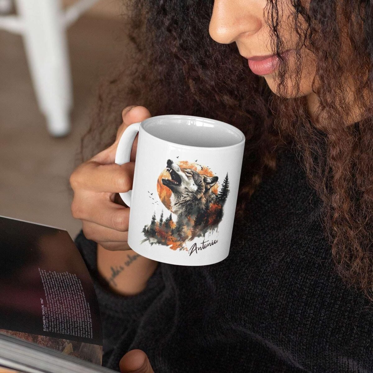 1729808680 Custom Name Tea Cup Personalized Wolf And Forest Sunse