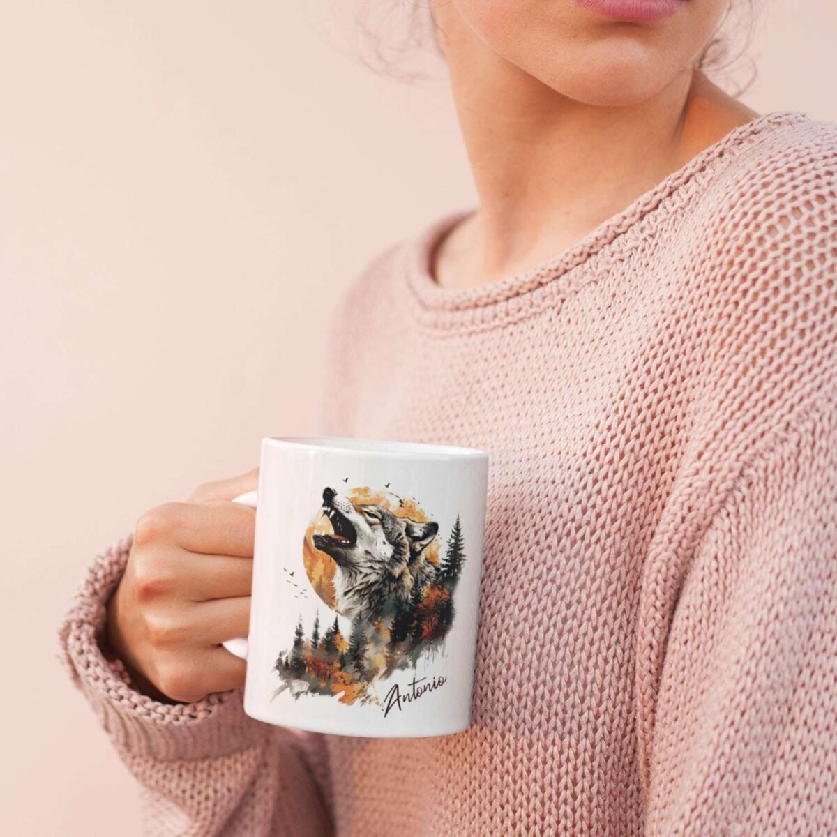1729808687 Custom Name Tea Cup Personalized Wolf And Forest Sunse