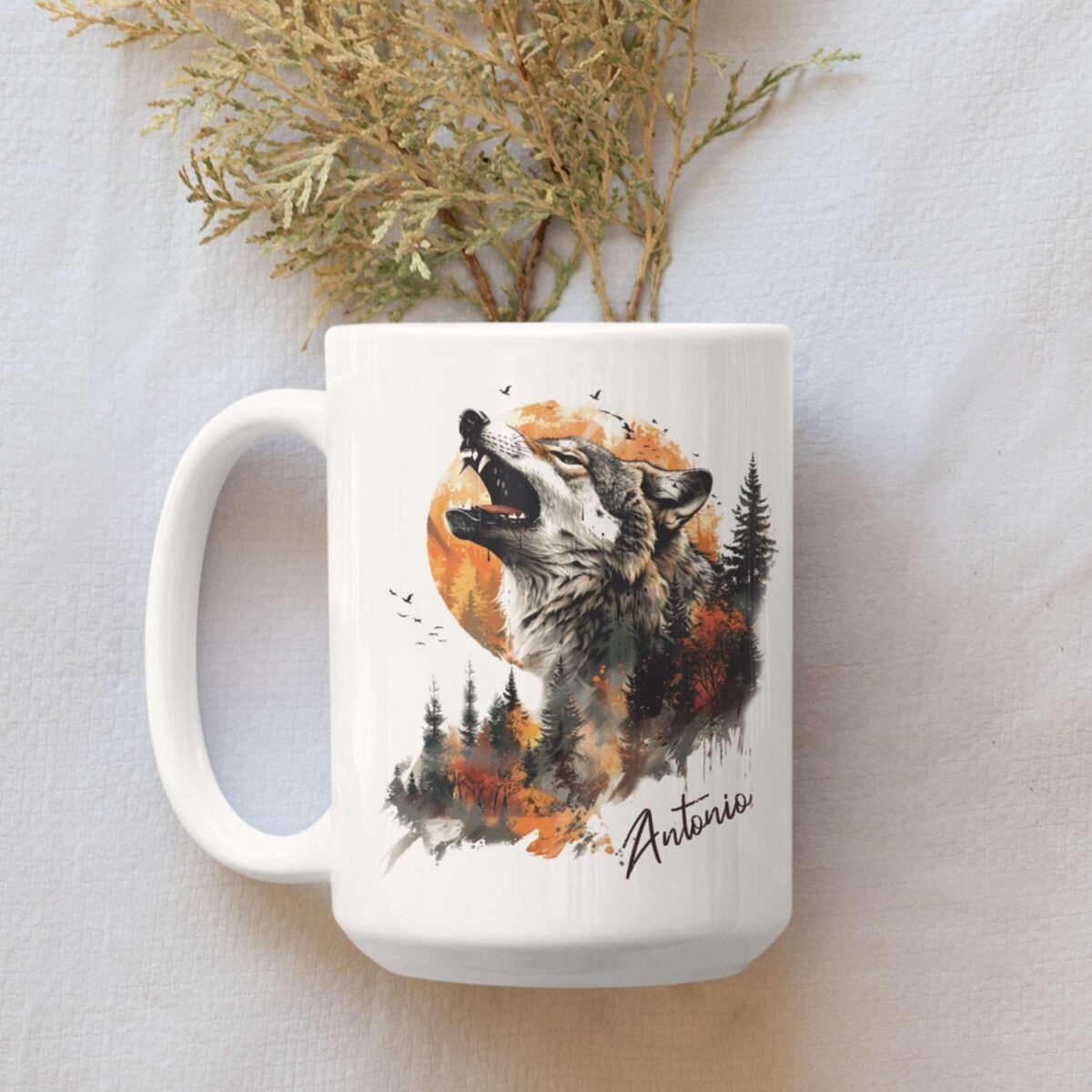1729808691 Custom Name Tea Cup Personalized Wolf And Forest Sunse