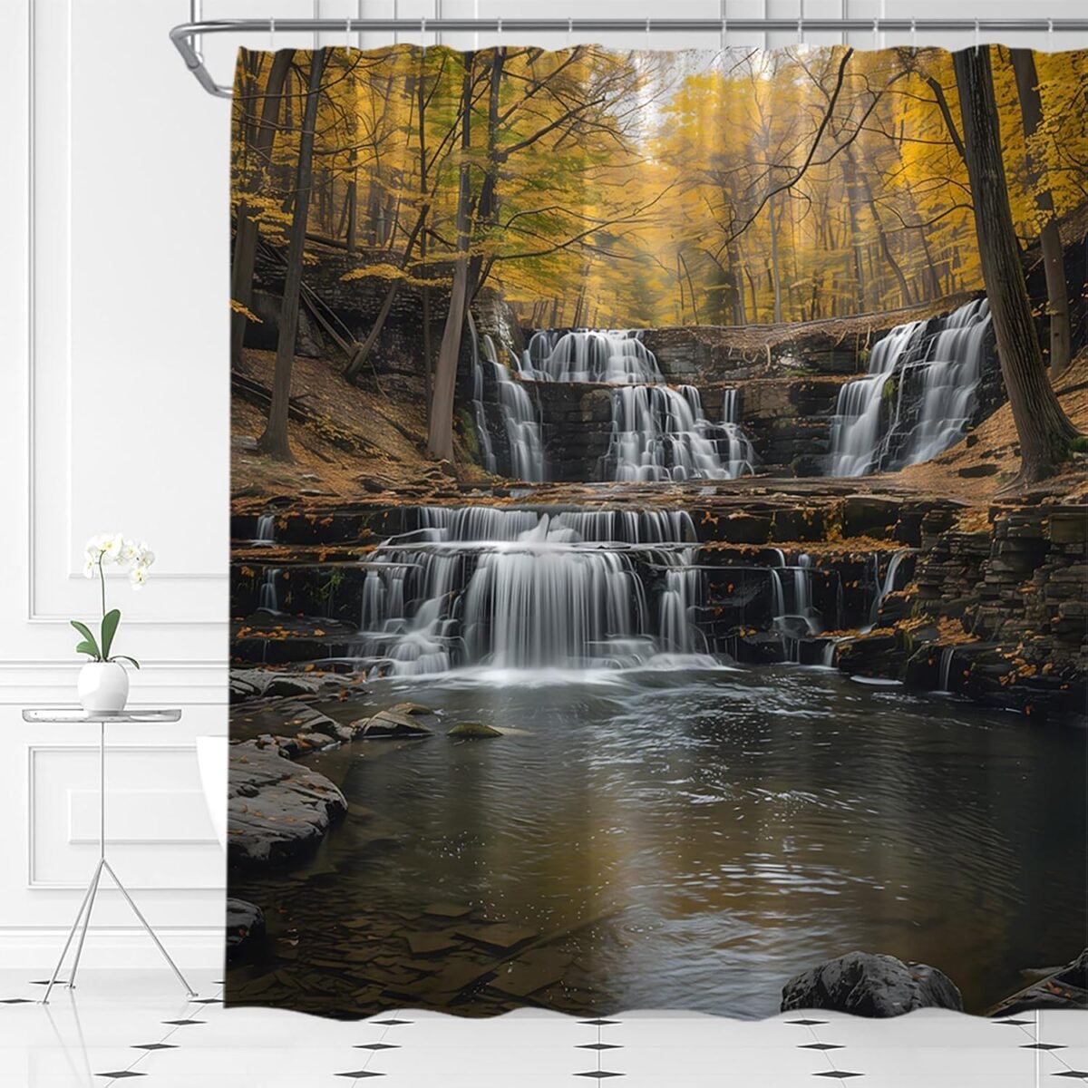 1733273061 Fall Waterfall Shower Curtain Forest Nature Scenery Out