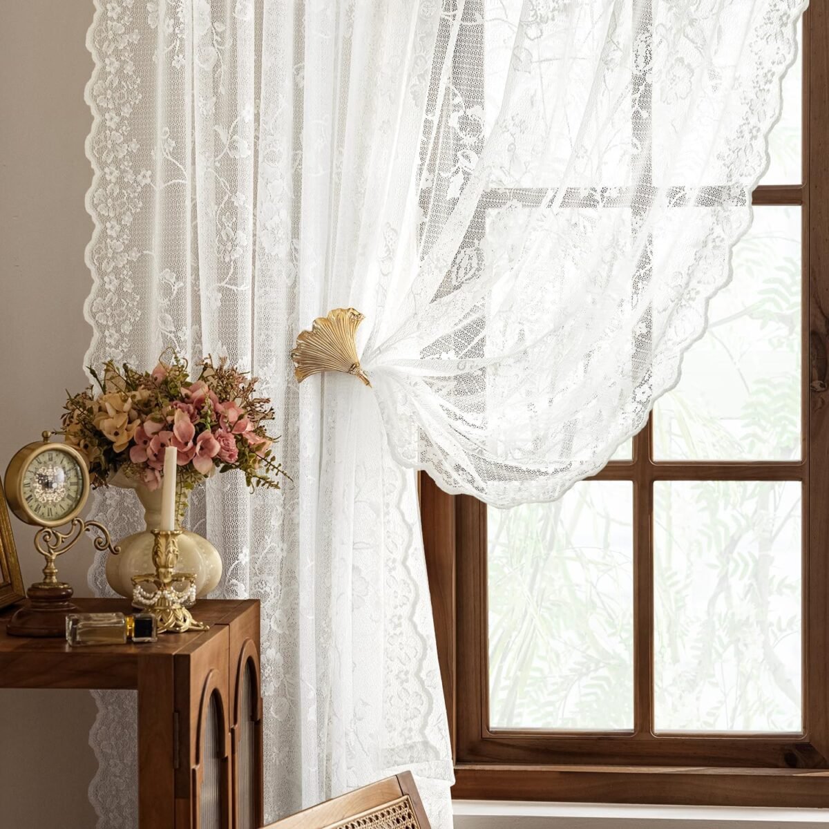 1735436669 HOMEIDEAS Ivory Vintage Sheer Lace Curtains for Bedroom