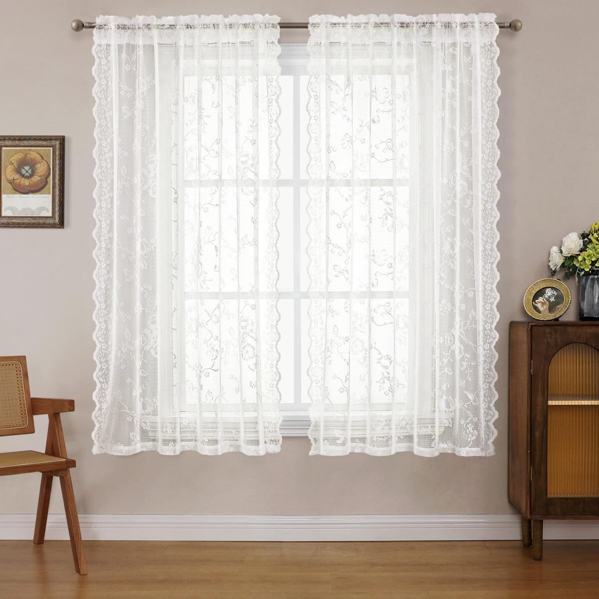 1735436683 HOMEIDEAS Ivory Vintage Sheer Lace Curtains for Bedroom
