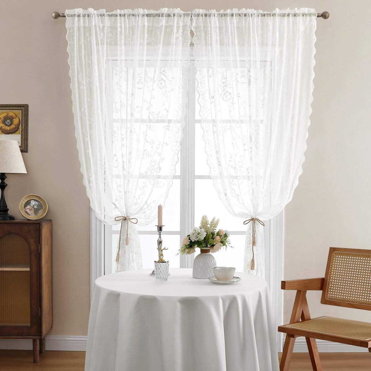 1735436690 HOMEIDEAS Ivory Vintage Sheer Lace Curtains for Bedroom