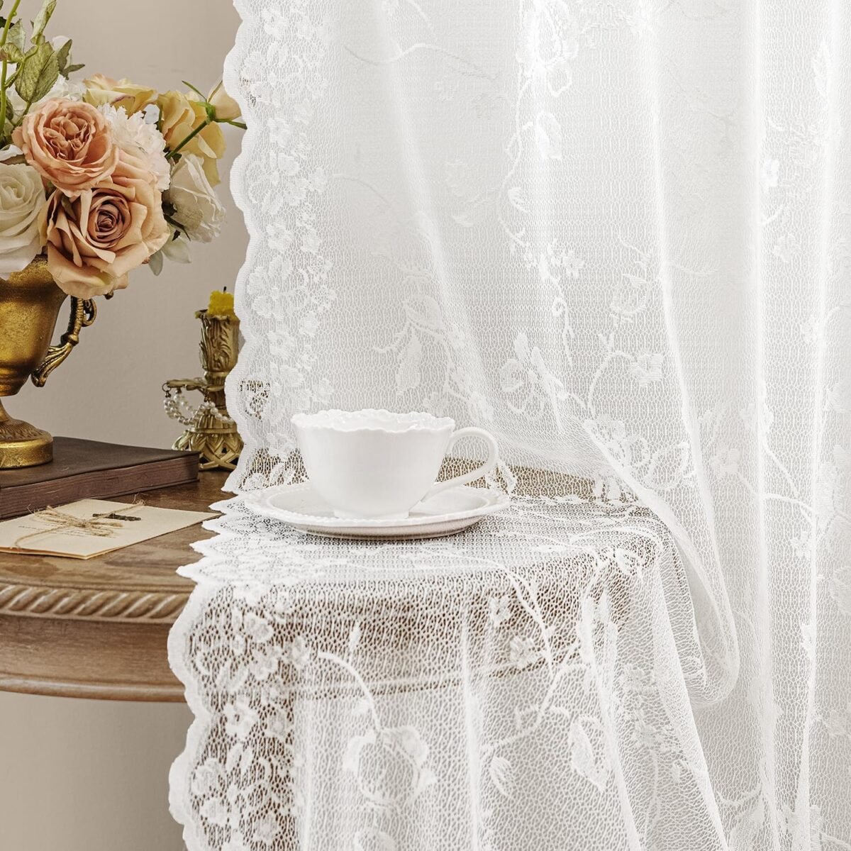 HOMEIDEAS Ivory Vintage Sheer Lace Curtains for Bedroom