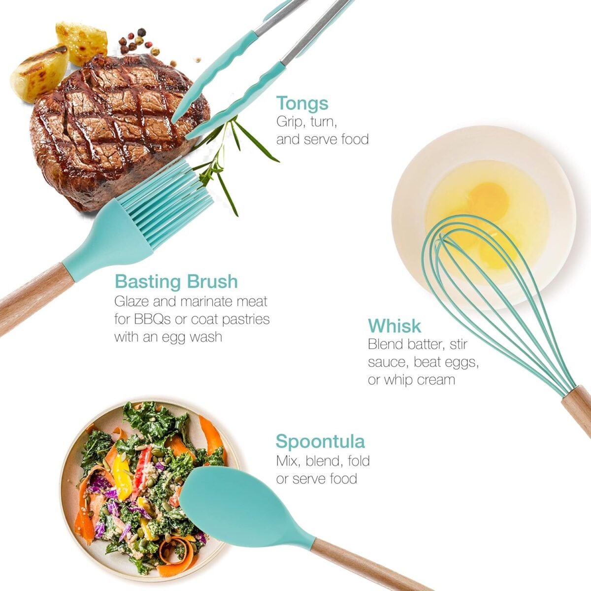 1736302030 Asani Silicone Kitchen Cooking Utensils Set with Wooden