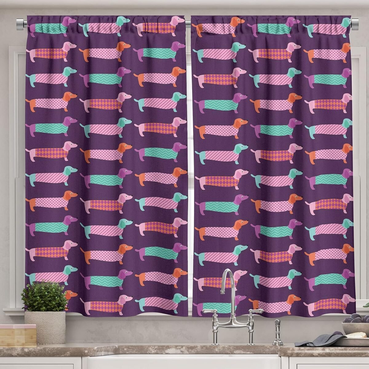 Ambesonne Dachshund Kitchen Curtains Sixties Inspired
