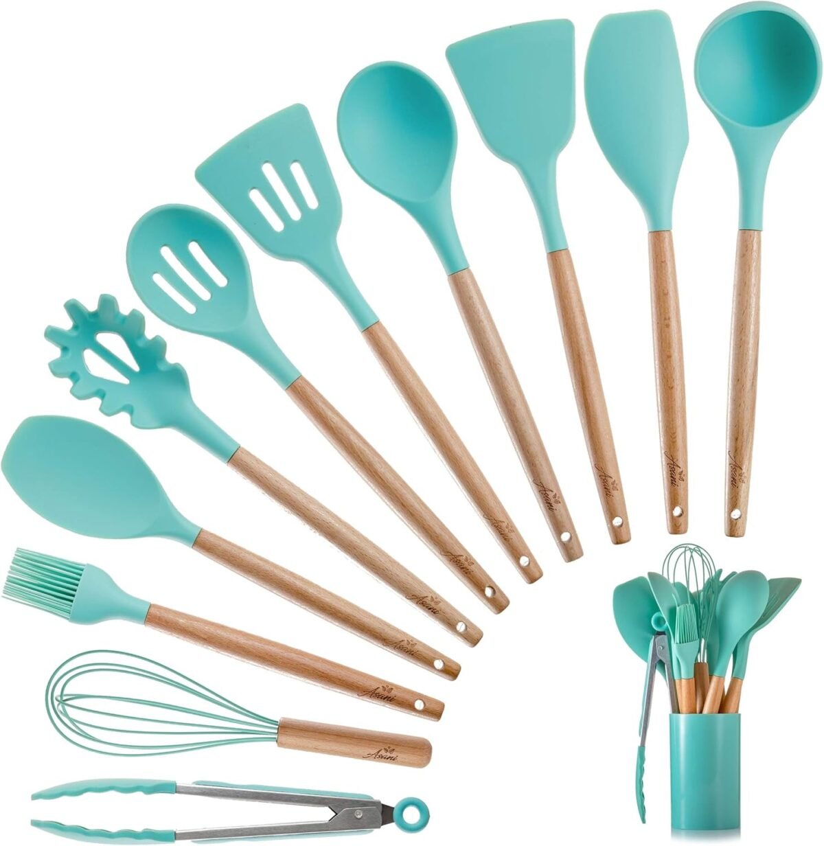 Asani Silicone Kitchen Cooking Utensils Set with Wooden