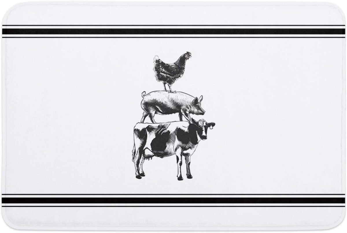 Door Mat Farmhouse Cow Pig Chicken Black White Stripes