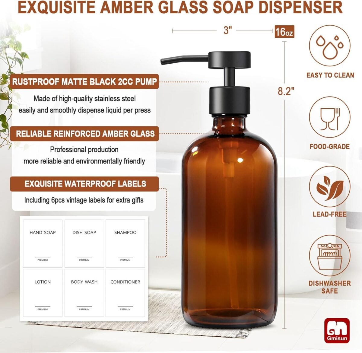1740830743 GMISUN Amber Glass Soap Dispenser 2 Pack Bathroom Hand