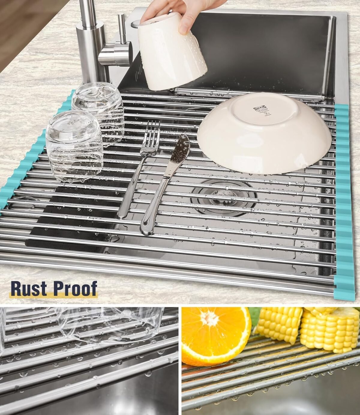 1741003651 Tomorotec 21 x 15.5 Roll Up Dish Drying Rack Over Sin
