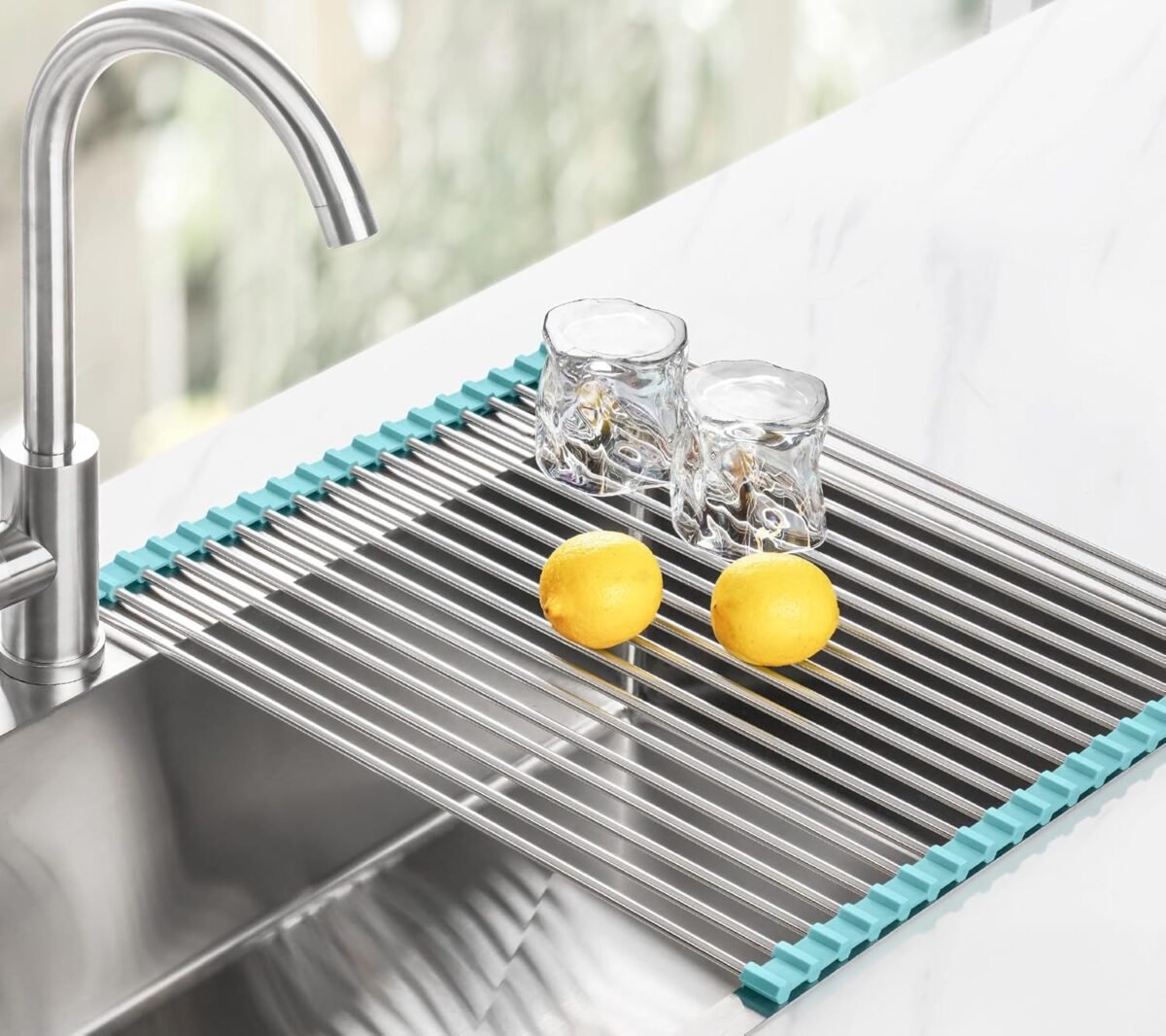 1741003672 Tomorotec 21 x 15.5 Roll Up Dish Drying Rack Over Sin