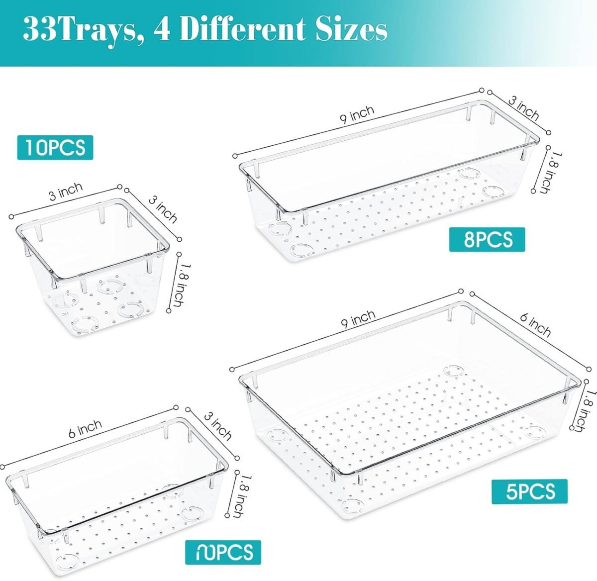 1743945142 33 PCS Clear Plastic Drawer Organizers Set 4 Size Desk