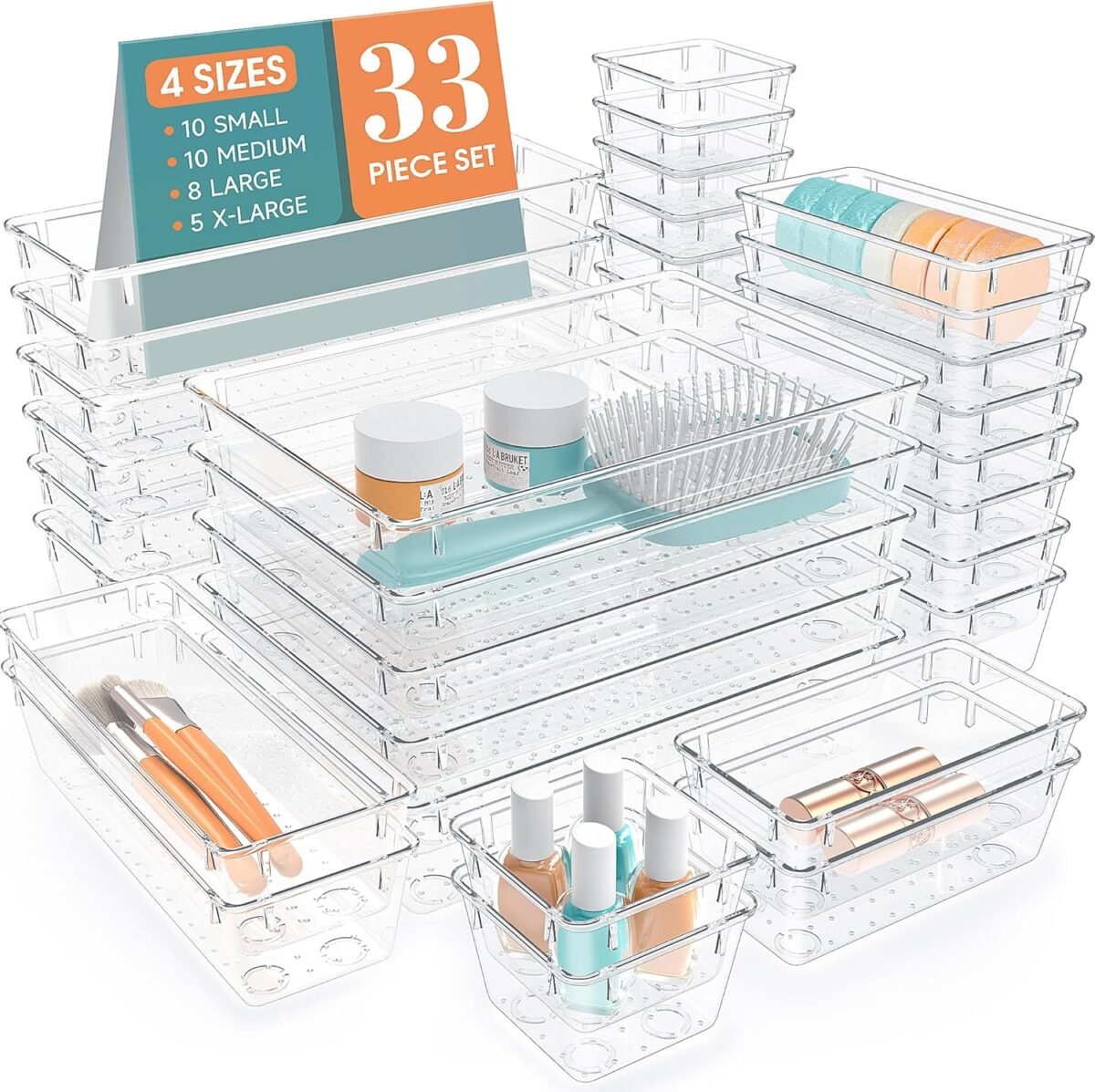 33 PCS Clear Plastic Drawer Organizers Set 4 Size Desk