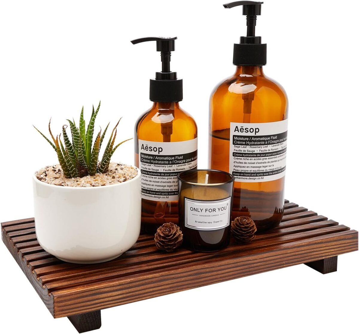 Renawe Farmhouse Bathroom Counter Tray Wood Display Ped