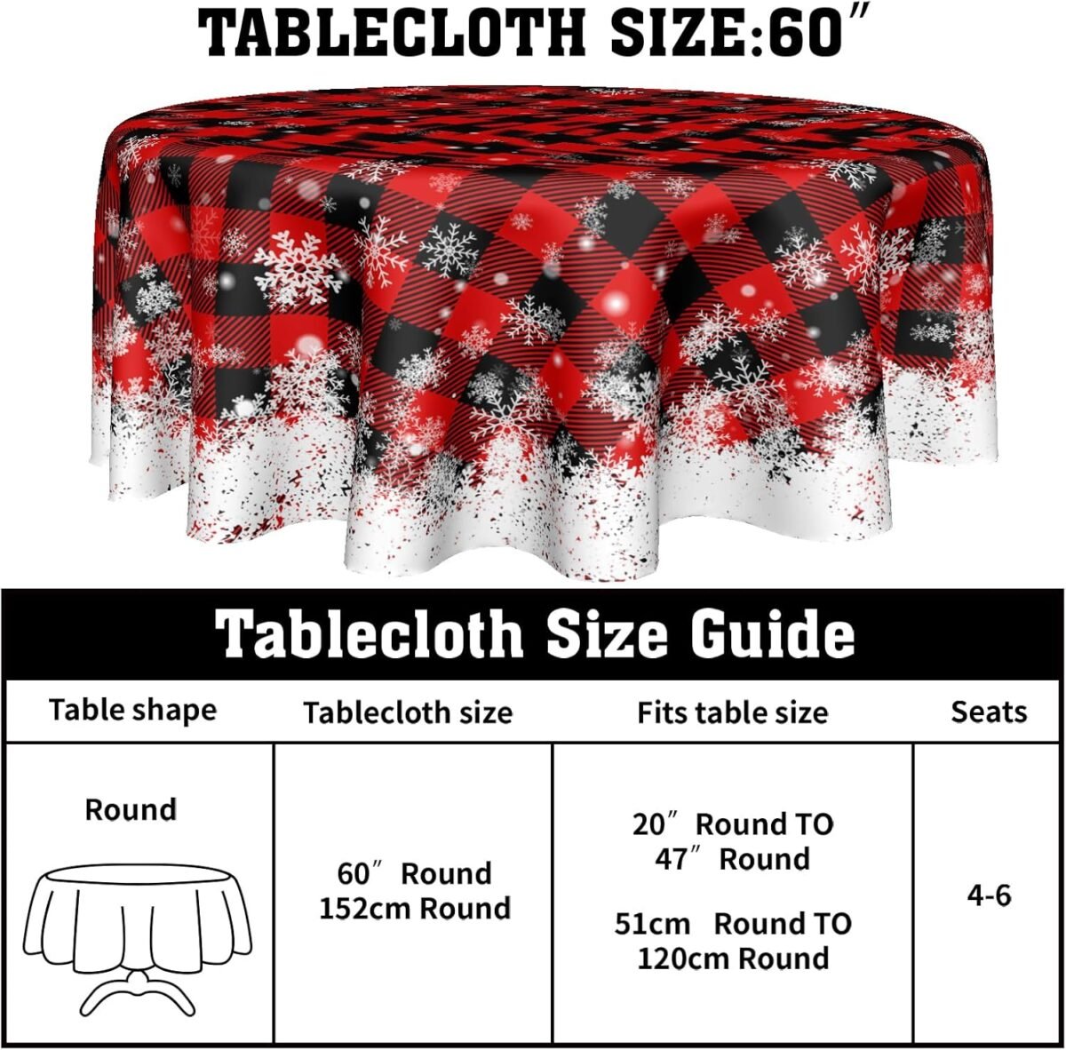 1749312572 Kawani Christmas Round Tablecloth 60 Inch Red Black Buf