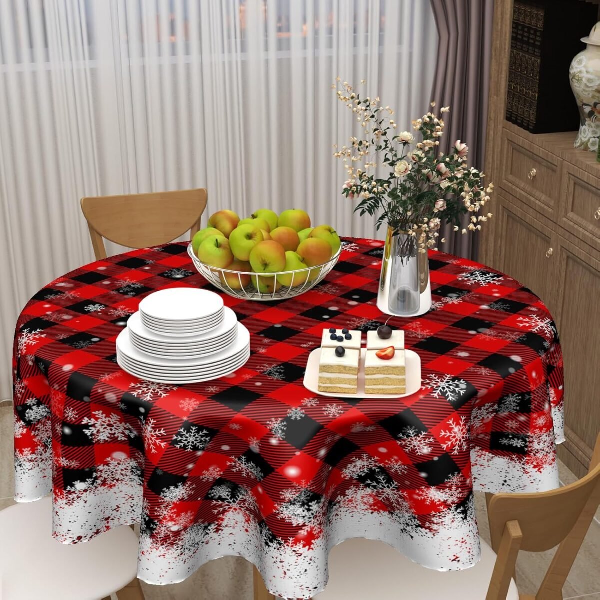 1749312578 Kawani Christmas Round Tablecloth 60 Inch Red Black Buf