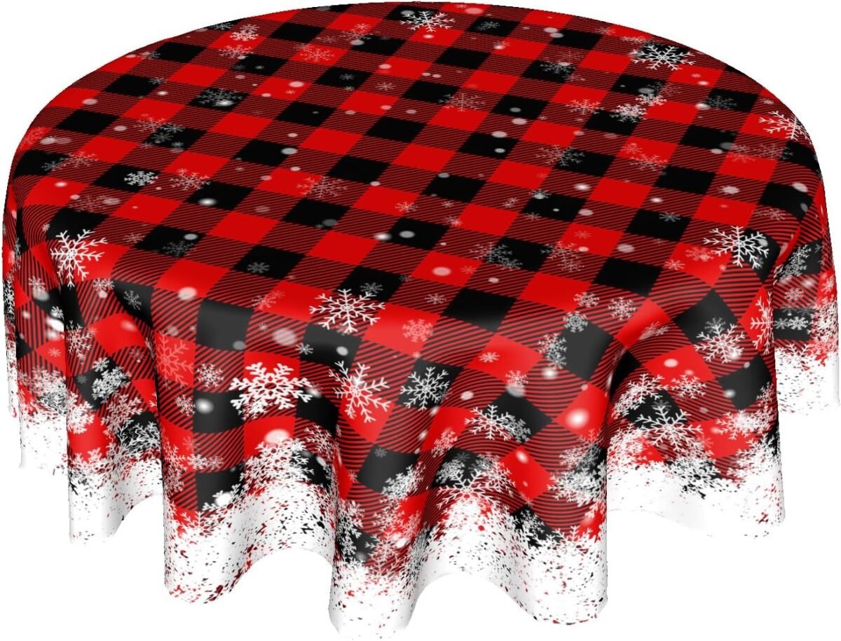Kawani Christmas Round Tablecloth 60 Inch Red Black Buf
