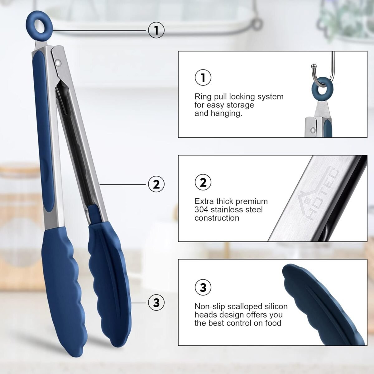 1751822066 HOTEC Premium Stainless Steel Locking Kitchen Tongs wit