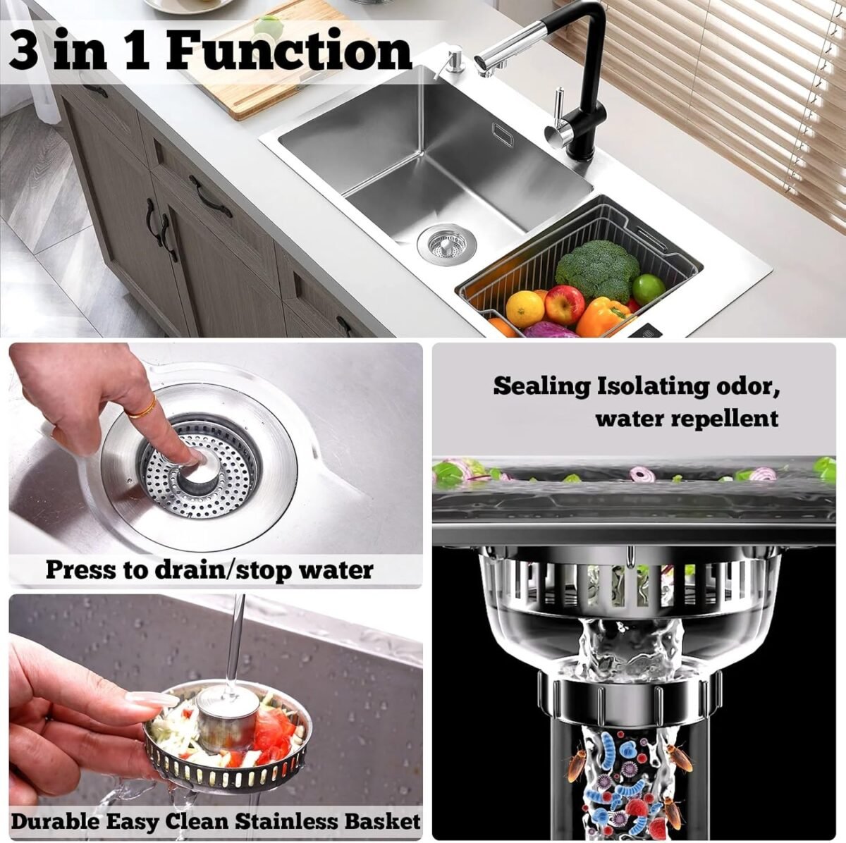 1751995235 Upgraded 3 in 1 Kitchen Sink Drain Strainer Stopper Br