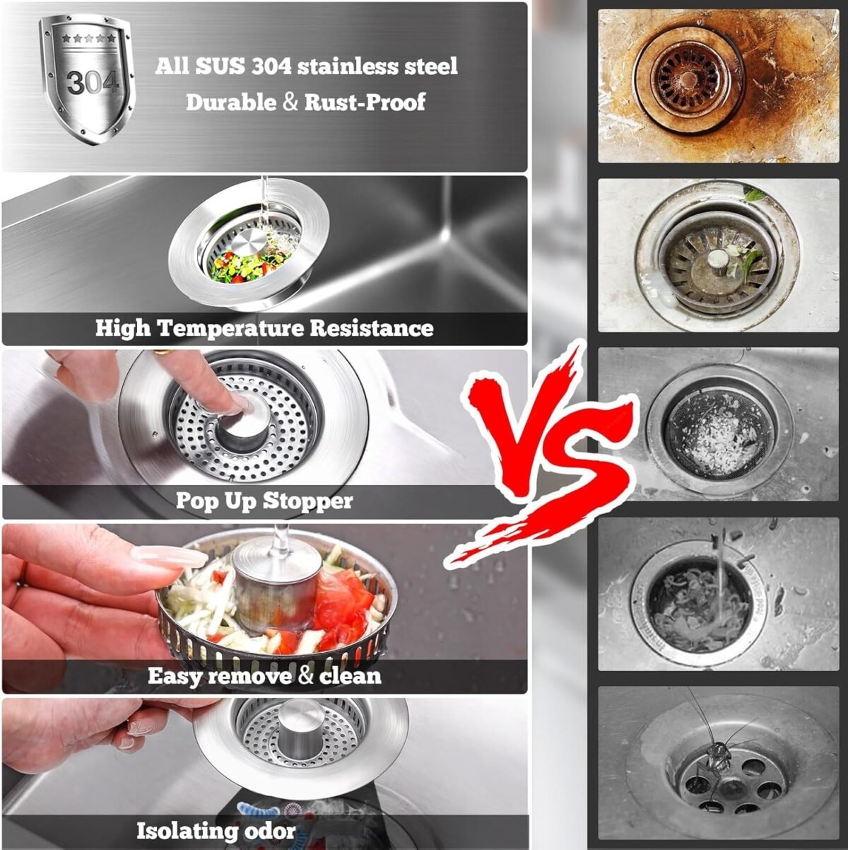 1751995236 Upgraded 3 in 1 Kitchen Sink Drain Strainer Stopper Br