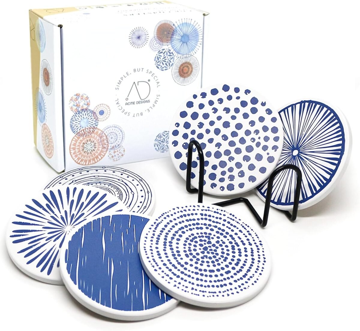 AD Set of 6 Coasters for Drinks Absorbing Round Ceramic